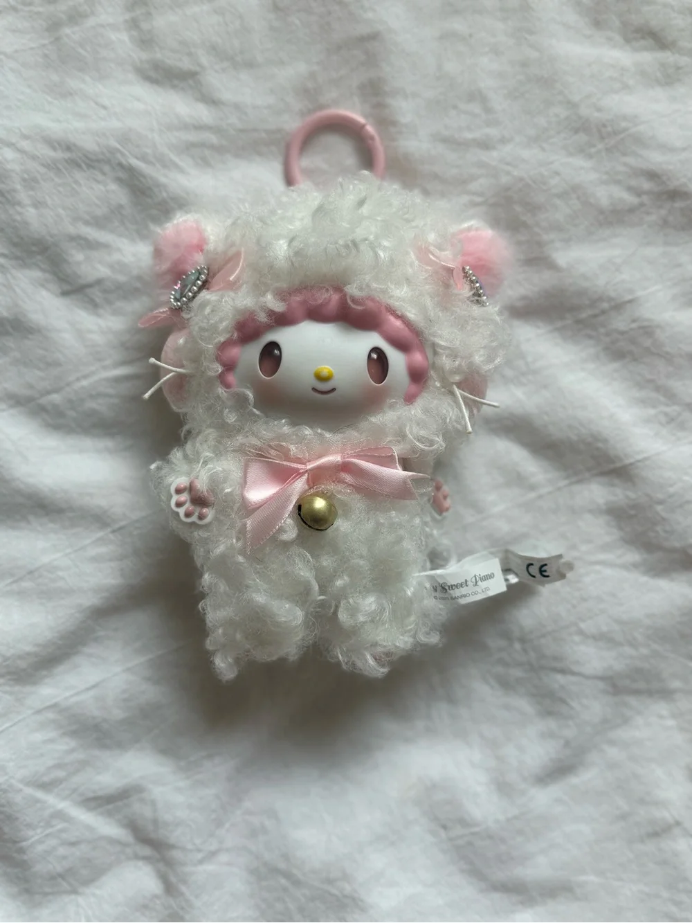 Cute White & Pink Plush Keychain Charm for Kids